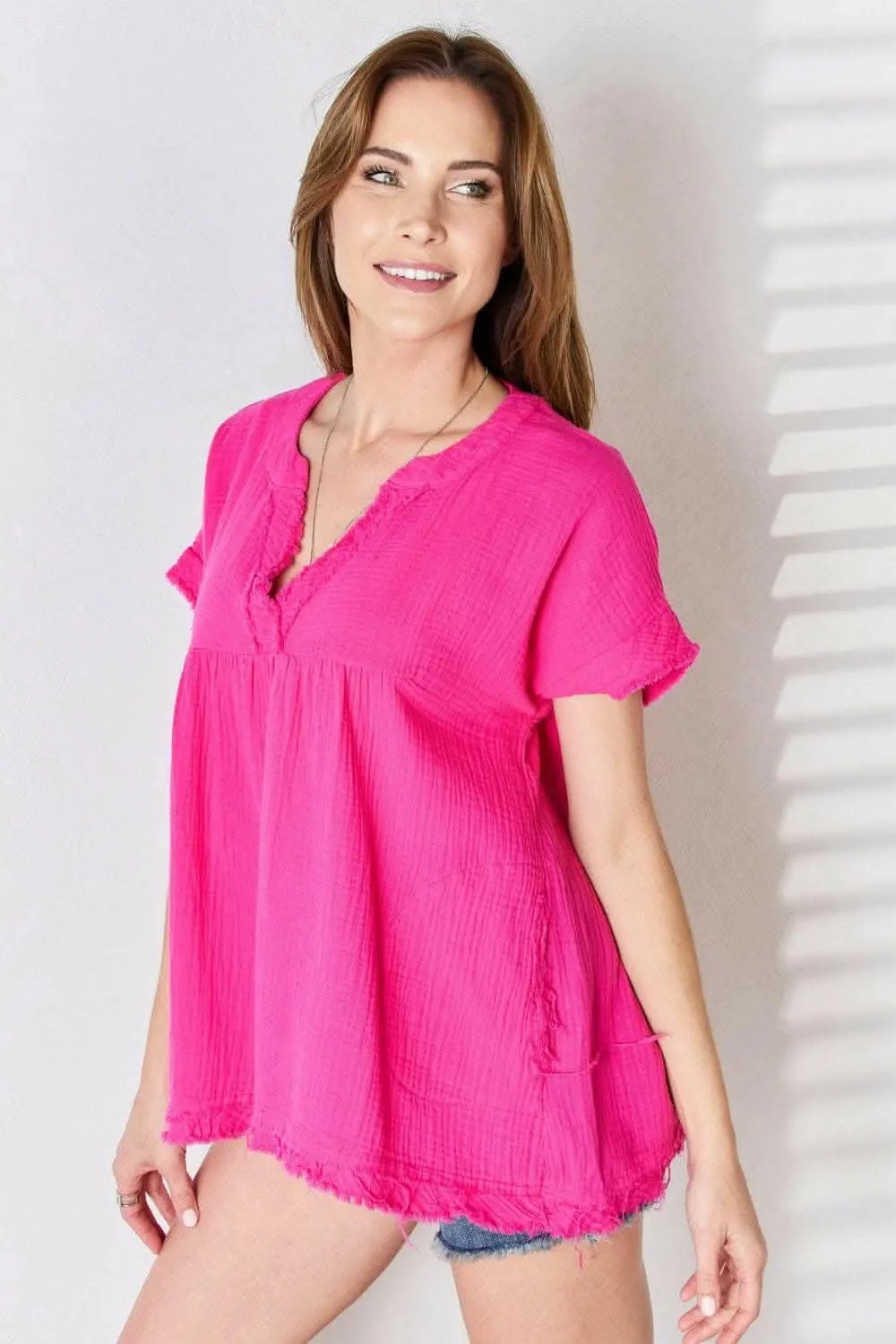 Zenana raw hem short sleeve top - Love Salve